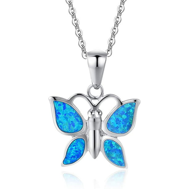 Lab Created Blue Opal Butterfly .925 Sterling Silver Pendant 